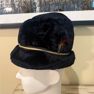 Vintage Octoberfest Black Faux Fur Hat Size Medium w/ Ear Flaps & Feather